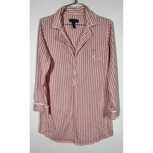 Lauren Ralph Lauren Red Ticking Stripe Henley Crested Midi Nightgown Size M Soft
